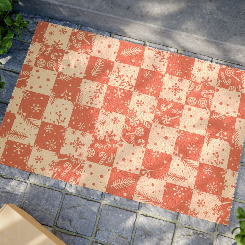 Festive Checkerboard Doormat, Holiday Home Decor, Christmas Welcome Mat, Rustic Front Porch Rug, Seasonal Entrance Way