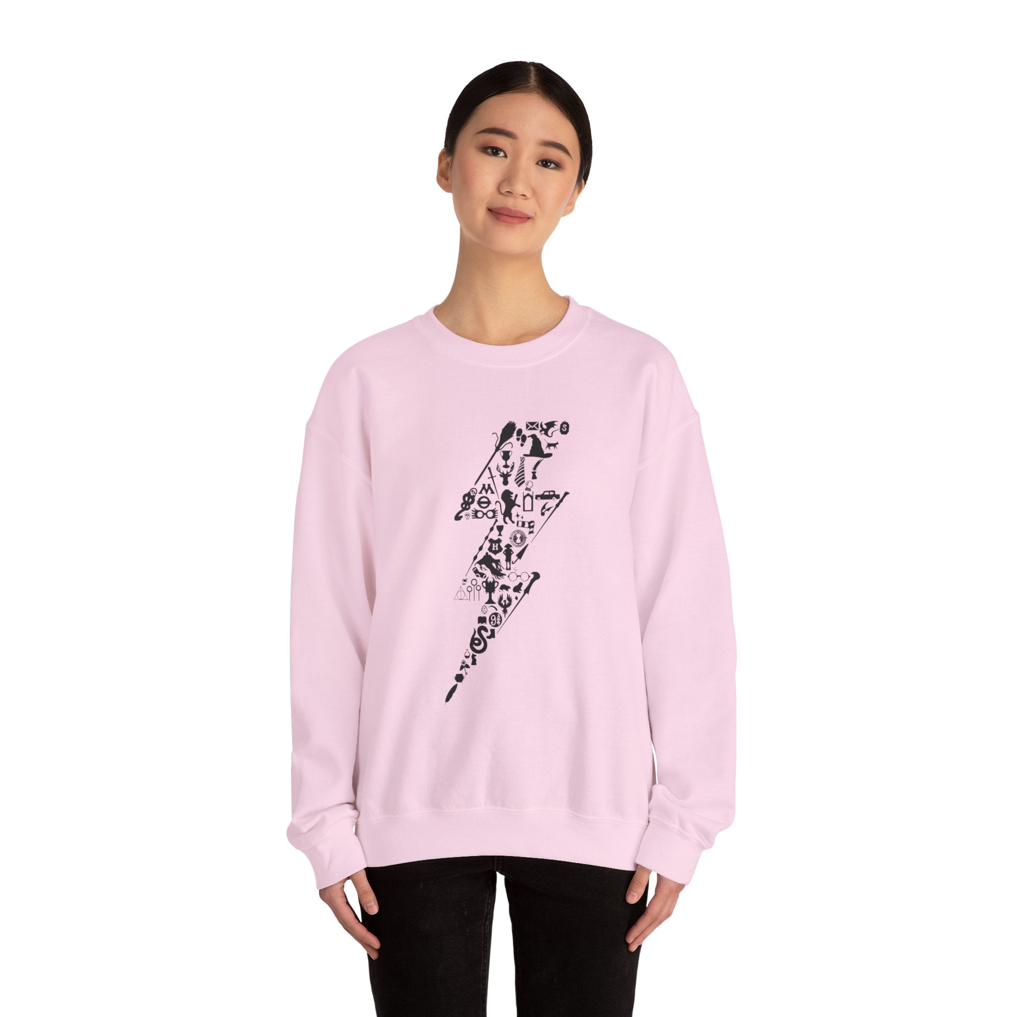 Lightning Bolt Symbol Crewneck Sweatshirt — Black Graphic Lightning Design