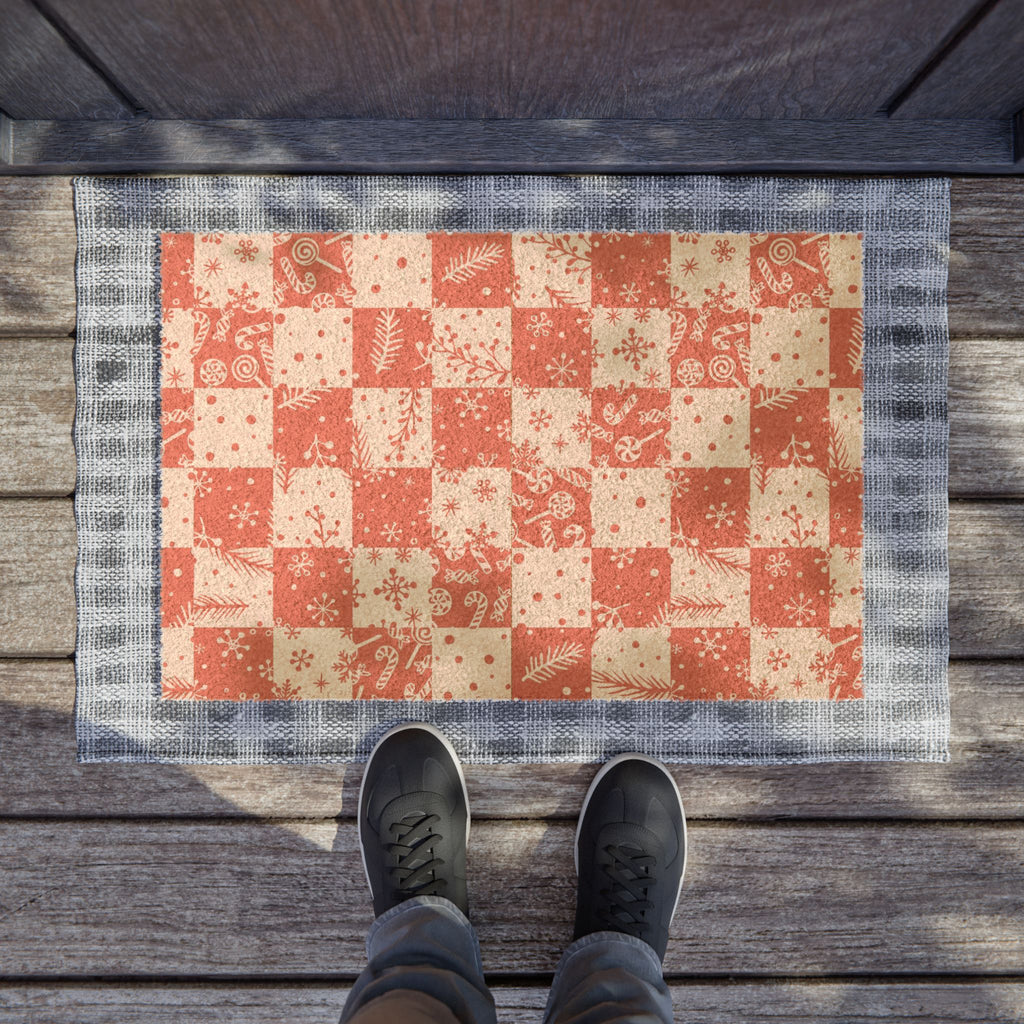 Festive Checkerboard Doormat, Holiday Home Decor, Christmas Welcome Mat, Rustic Front Porch Rug, Seasonal Entrance Way