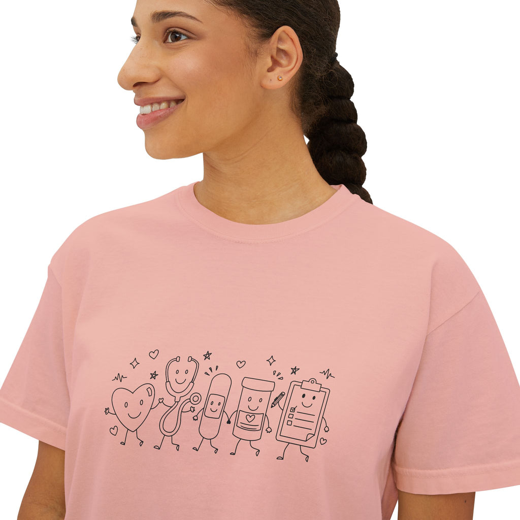Nurse Friends Boxy Tee — Minimal 'Loved' Doodle Graphic