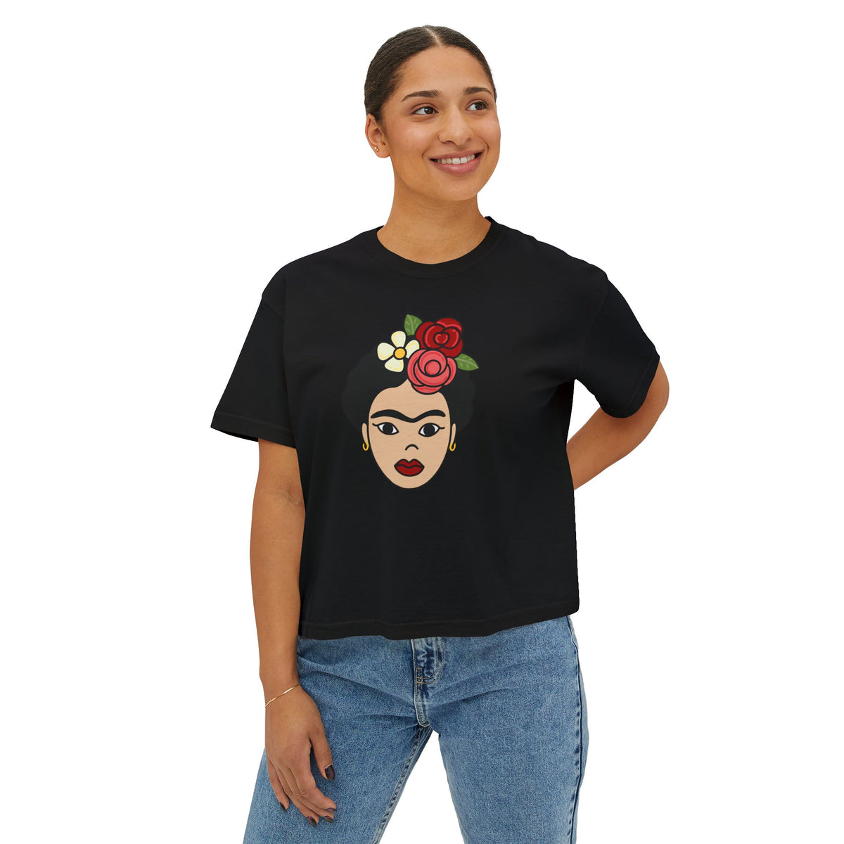 Frida Kahlo Floral Icon Boxy Tee — Women's Artist Portrait Graphic T-Shirt
