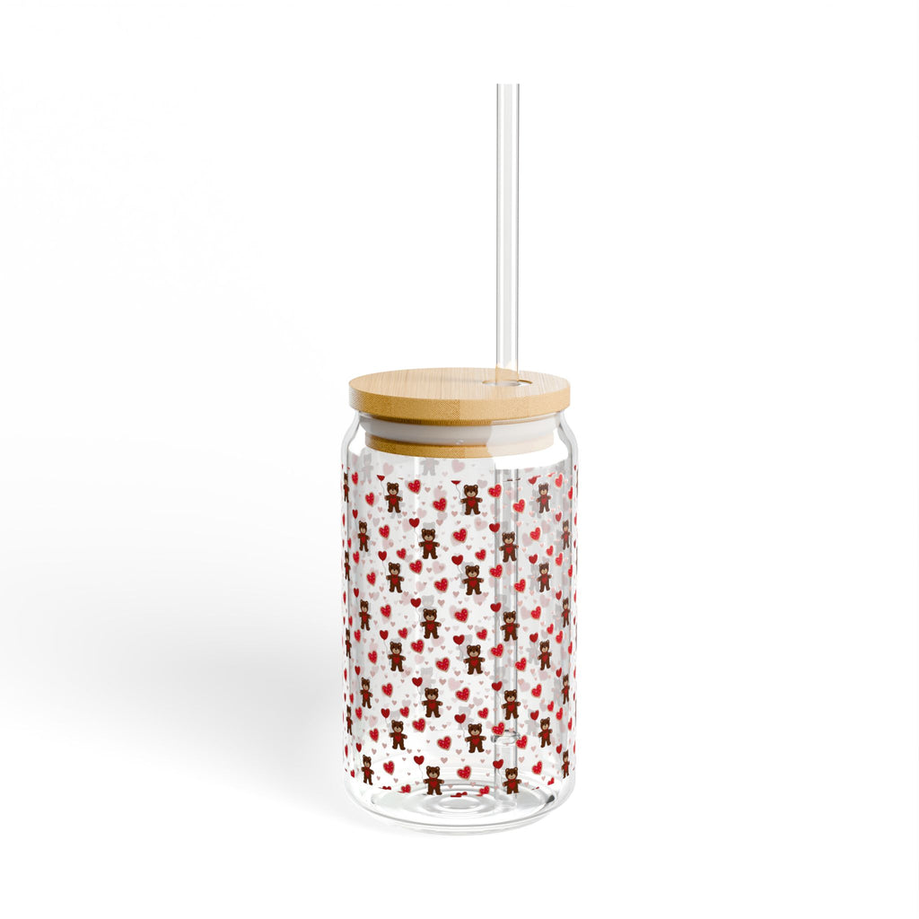 16oz Floral Heart Sipper Glass with Bamboo Lid – Cute Red Rose Pattern