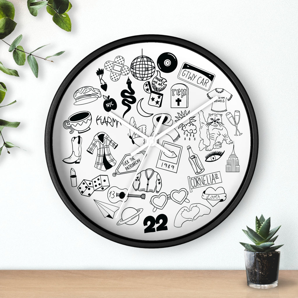 Swiftie Black & White Wall Clock with Fun Illustrations - Perfect Home Décor