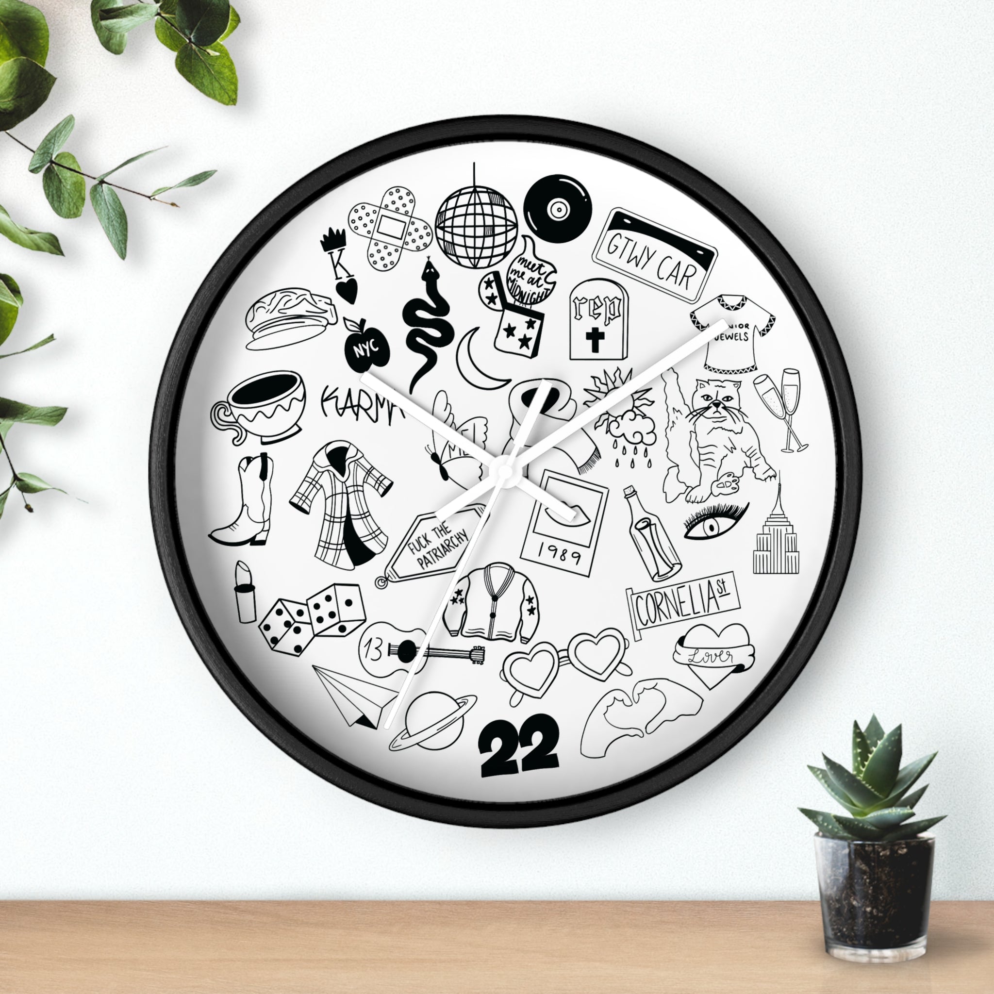 Swiftie Black & White Wall Clock with Fun Illustrations - Perfect Home Décor