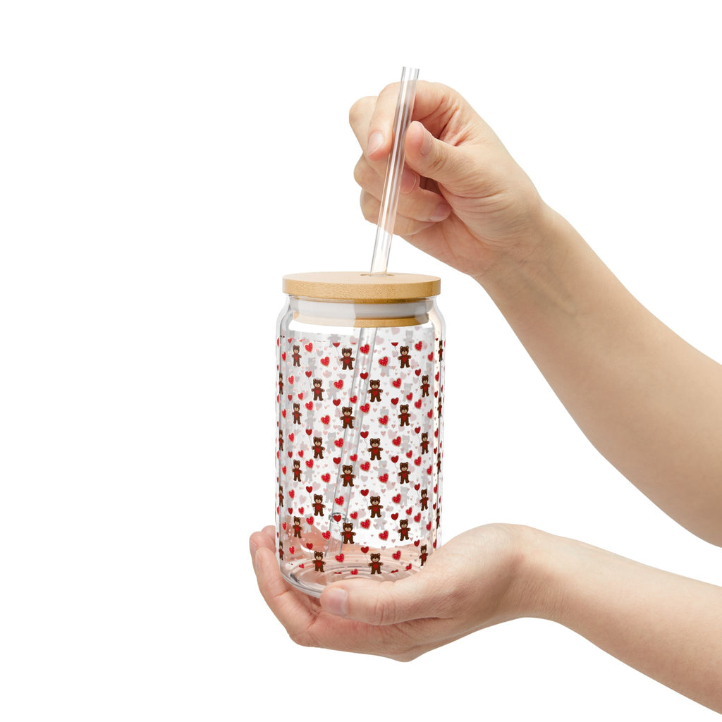 16oz Floral Heart Sipper Glass with Bamboo Lid – Cute Red Rose Pattern