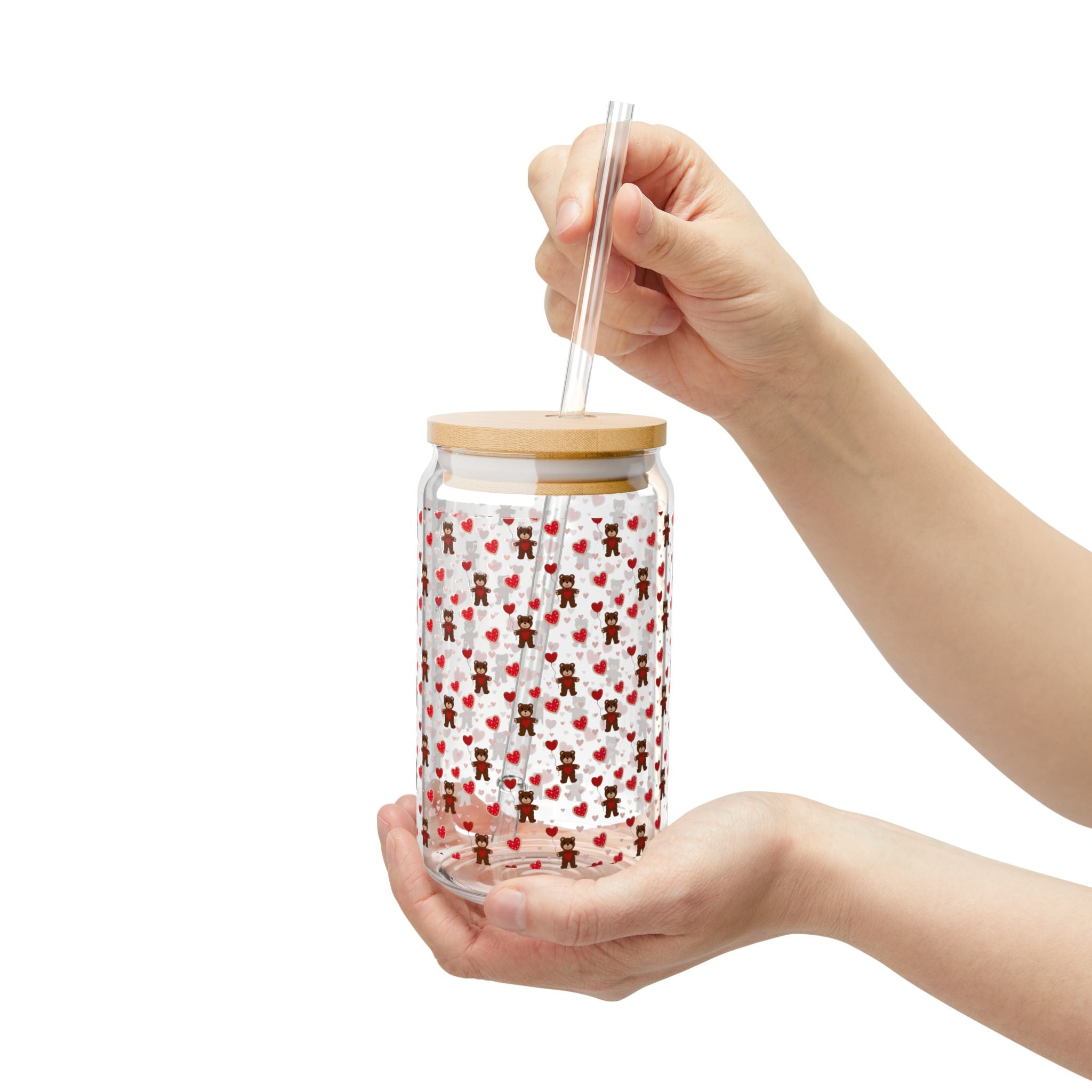 16oz Floral Heart Sipper Glass with Bamboo Lid – Cute Red Rose Pattern