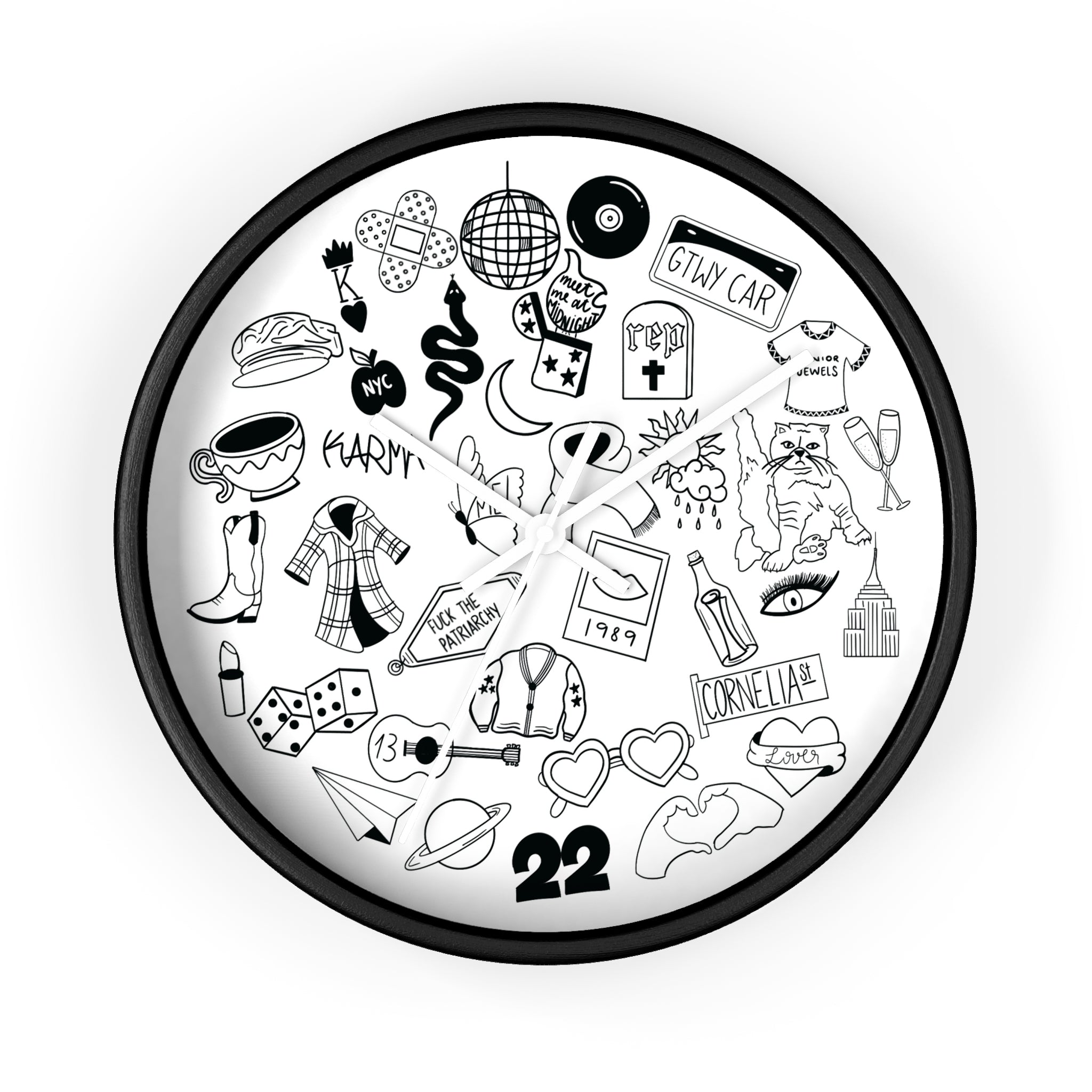 Swiftie Black & White Wall Clock with Fun Illustrations - Perfect Home Décor