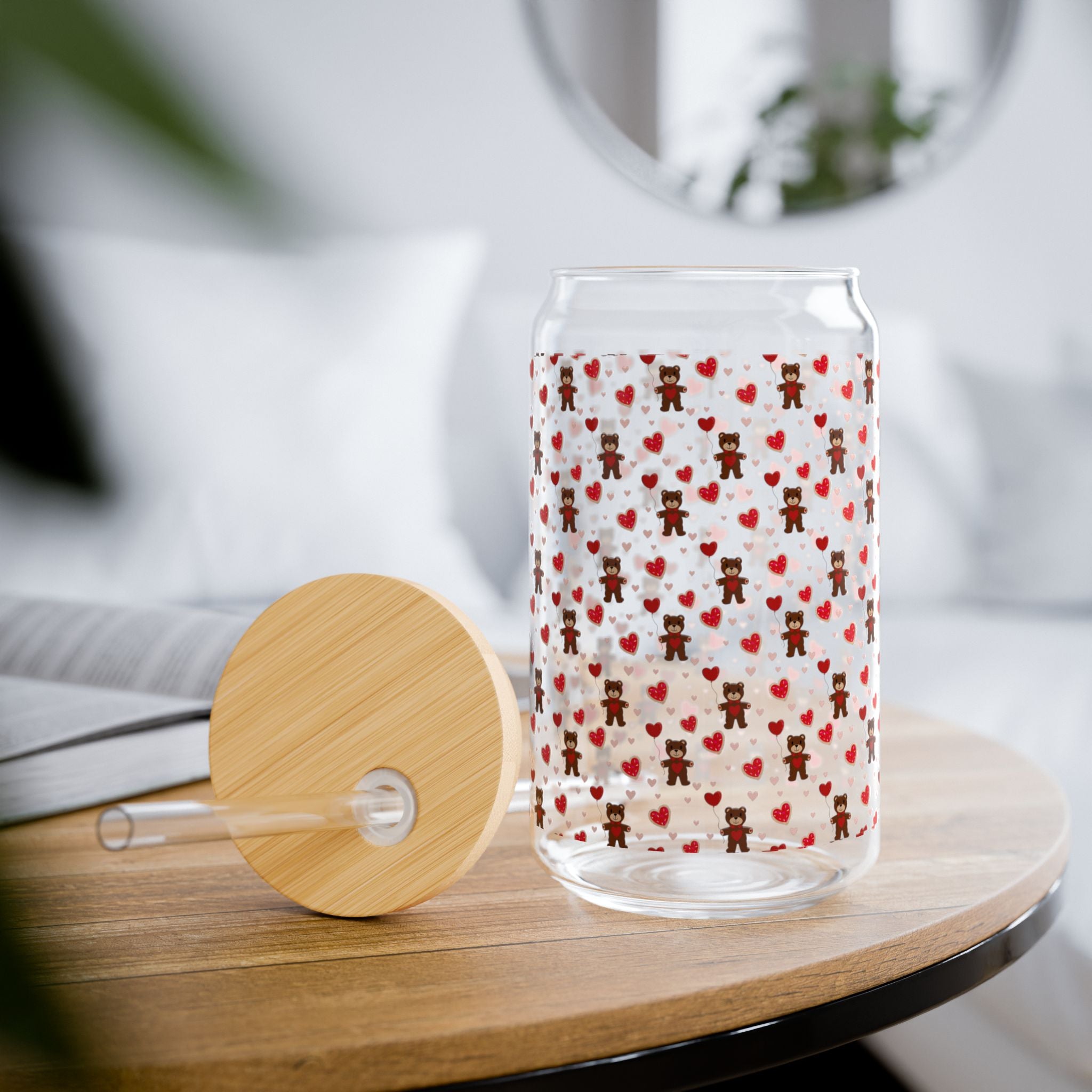 16oz Floral Heart Sipper Glass with Bamboo Lid – Cute Red Rose Pattern
