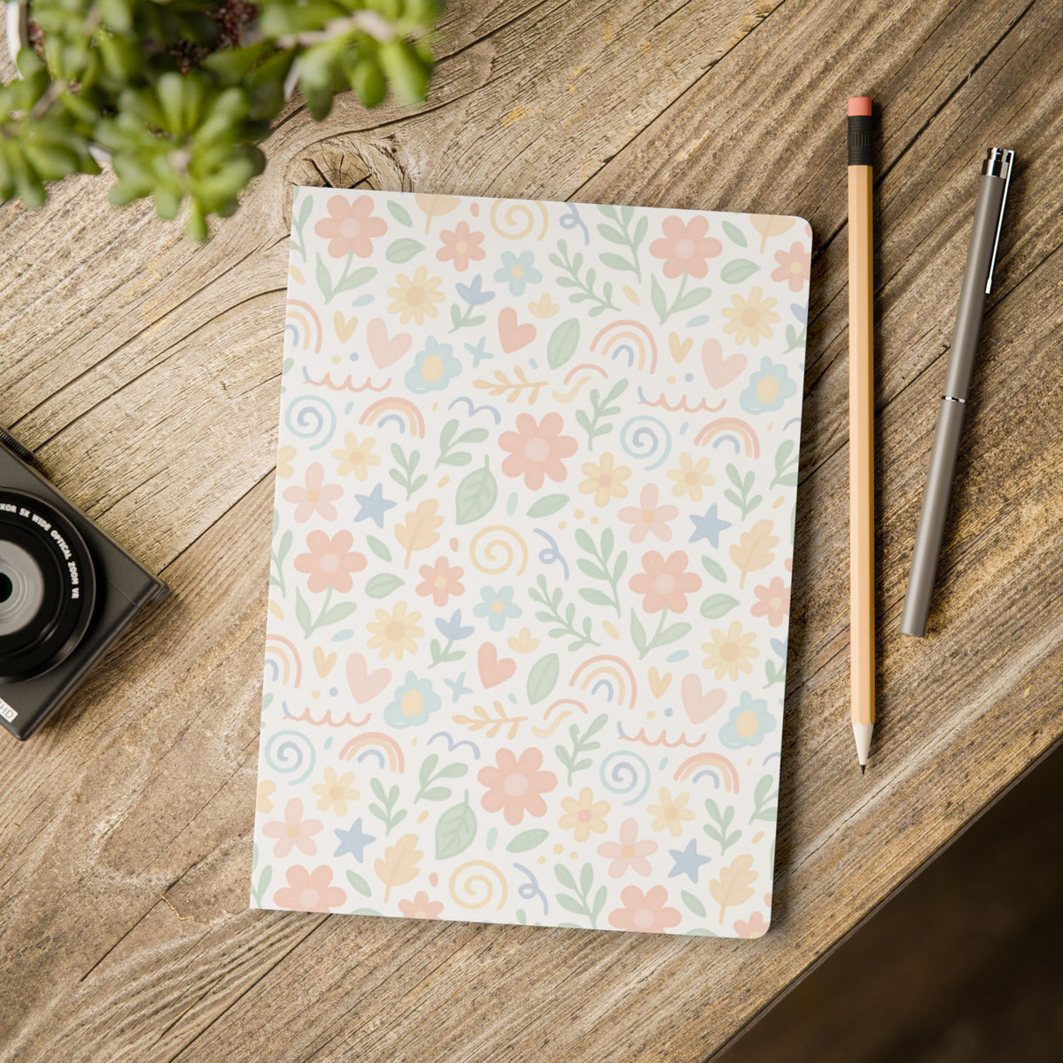 Floral Pastel Softcover Journal — Rainbow Hearts & Blooms Notebook