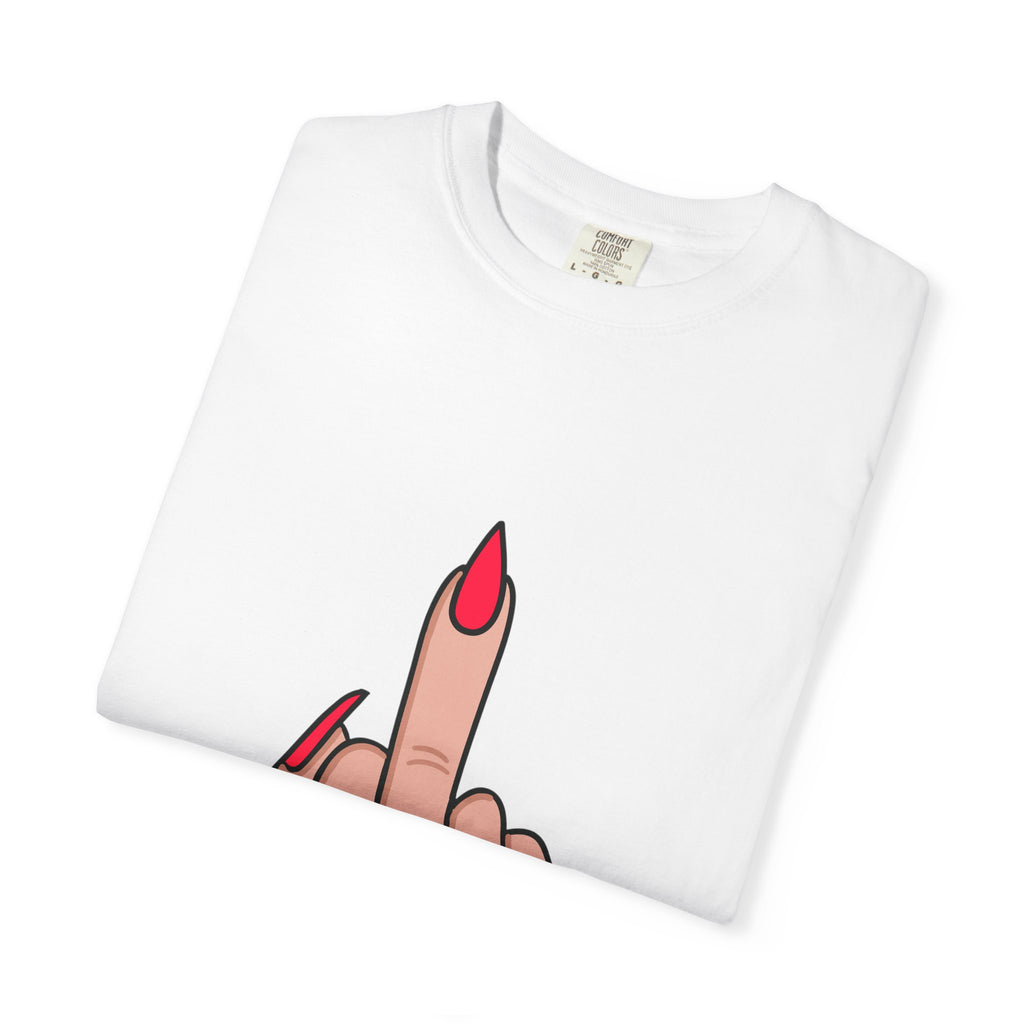 Graphic T-Shirt — Bold Red-Nail Middle Finger Illustration