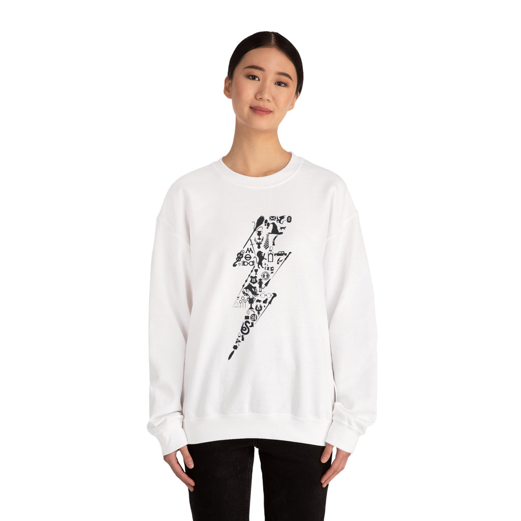 Lightning Bolt Symbol Crewneck Sweatshirt — Black Graphic Lightning Design