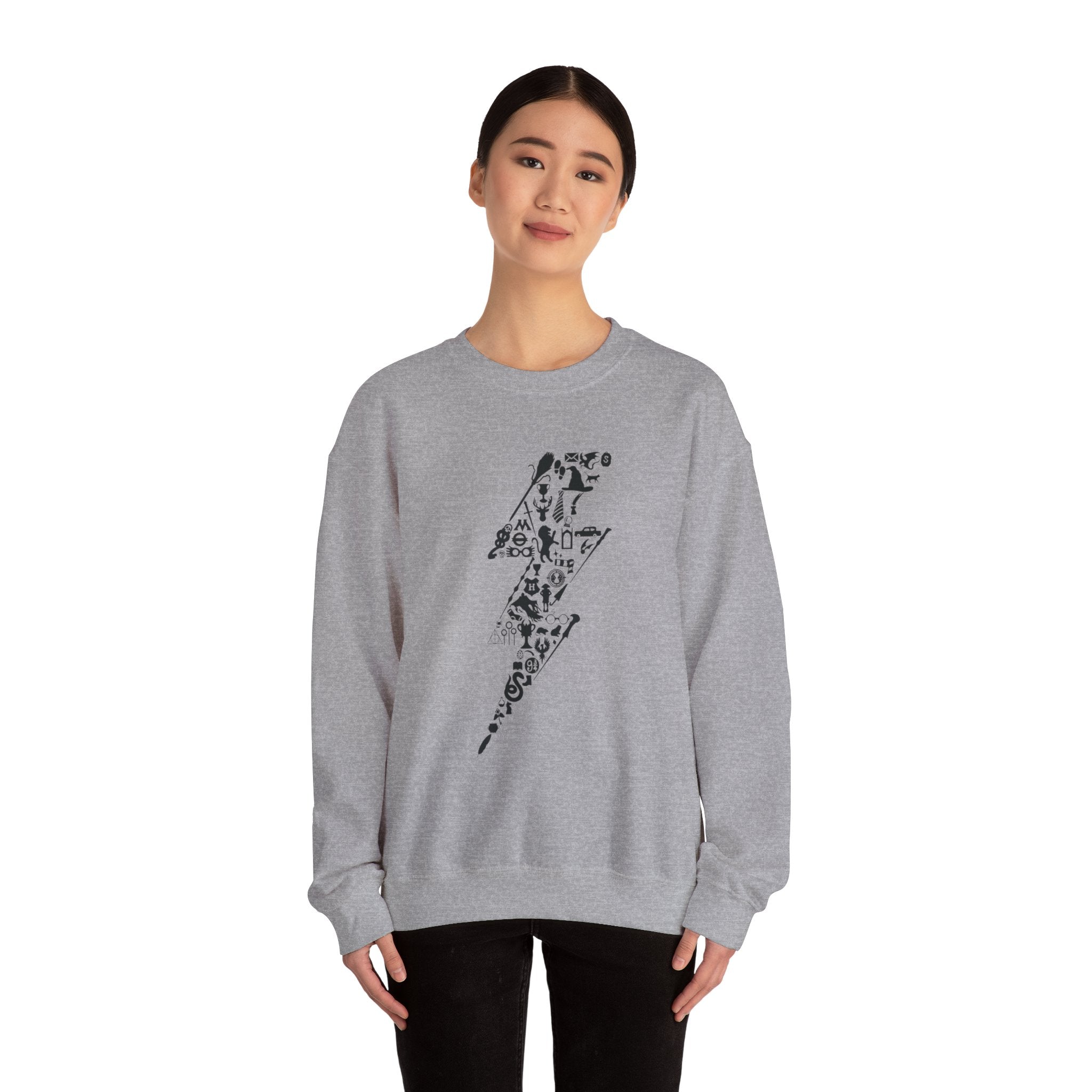 Lightning Bolt Symbol Crewneck Sweatshirt — Black Graphic Lightning Design