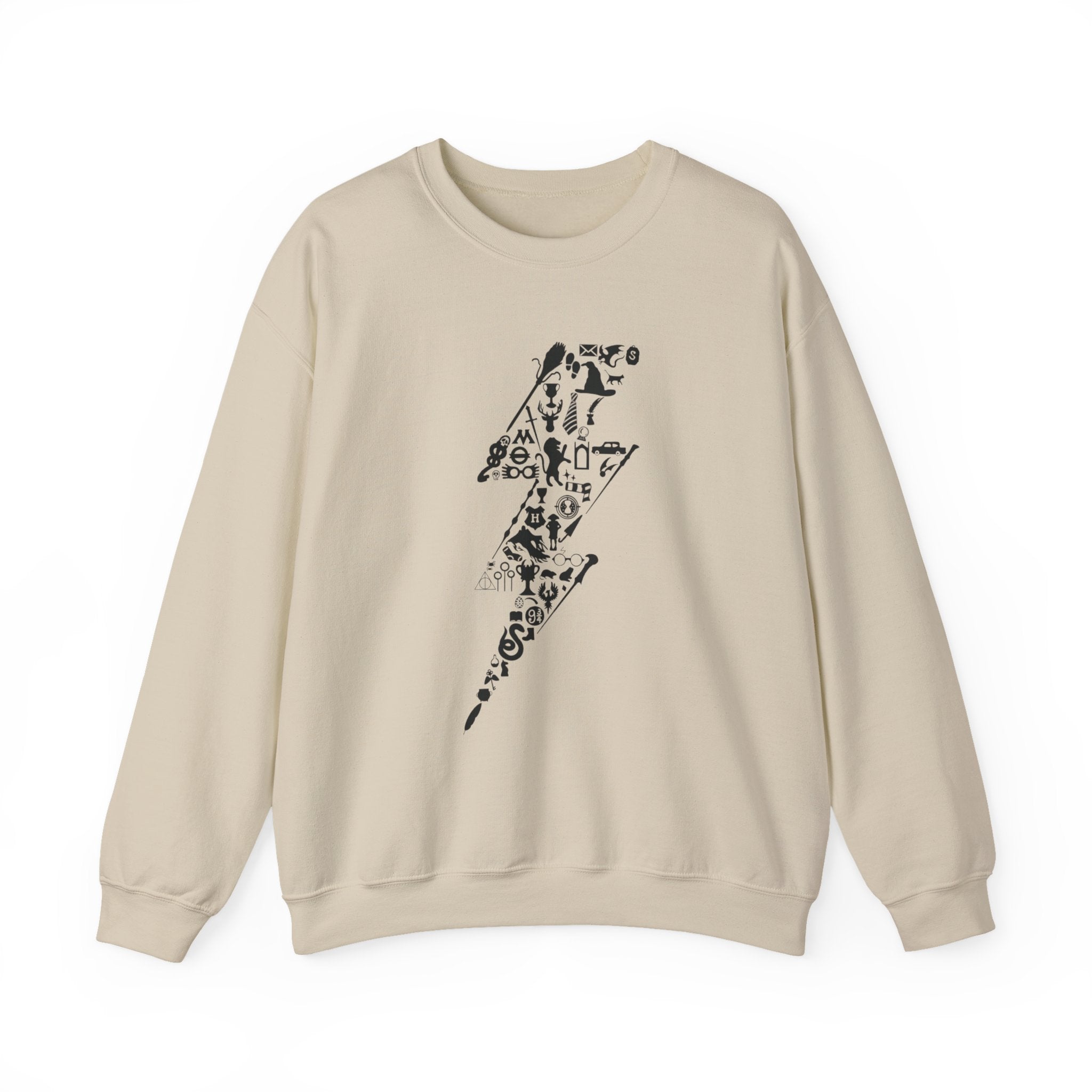 Lightning Bolt Symbol Crewneck Sweatshirt — Black Graphic Lightning Design