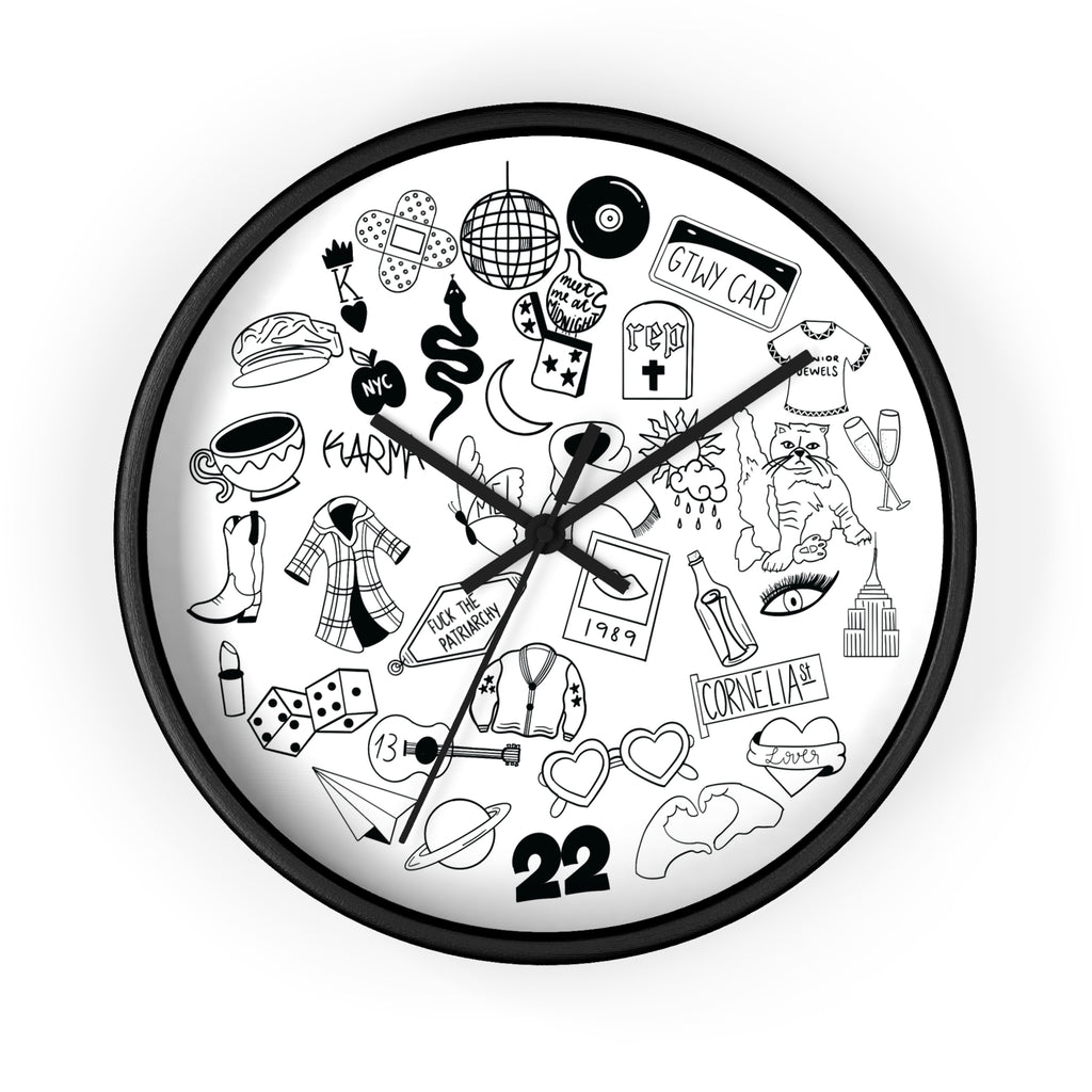 Swiftie Black & White Wall Clock with Fun Illustrations - Perfect Home Décor