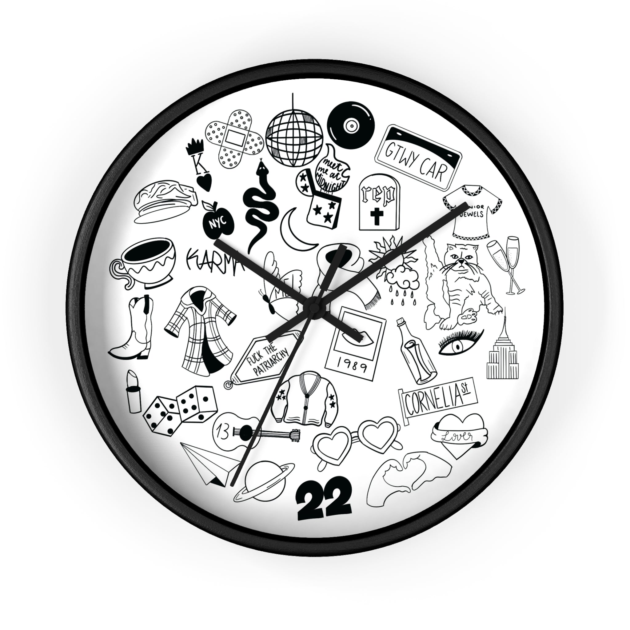 Swiftie Black & White Wall Clock with Fun Illustrations - Perfect Home Décor