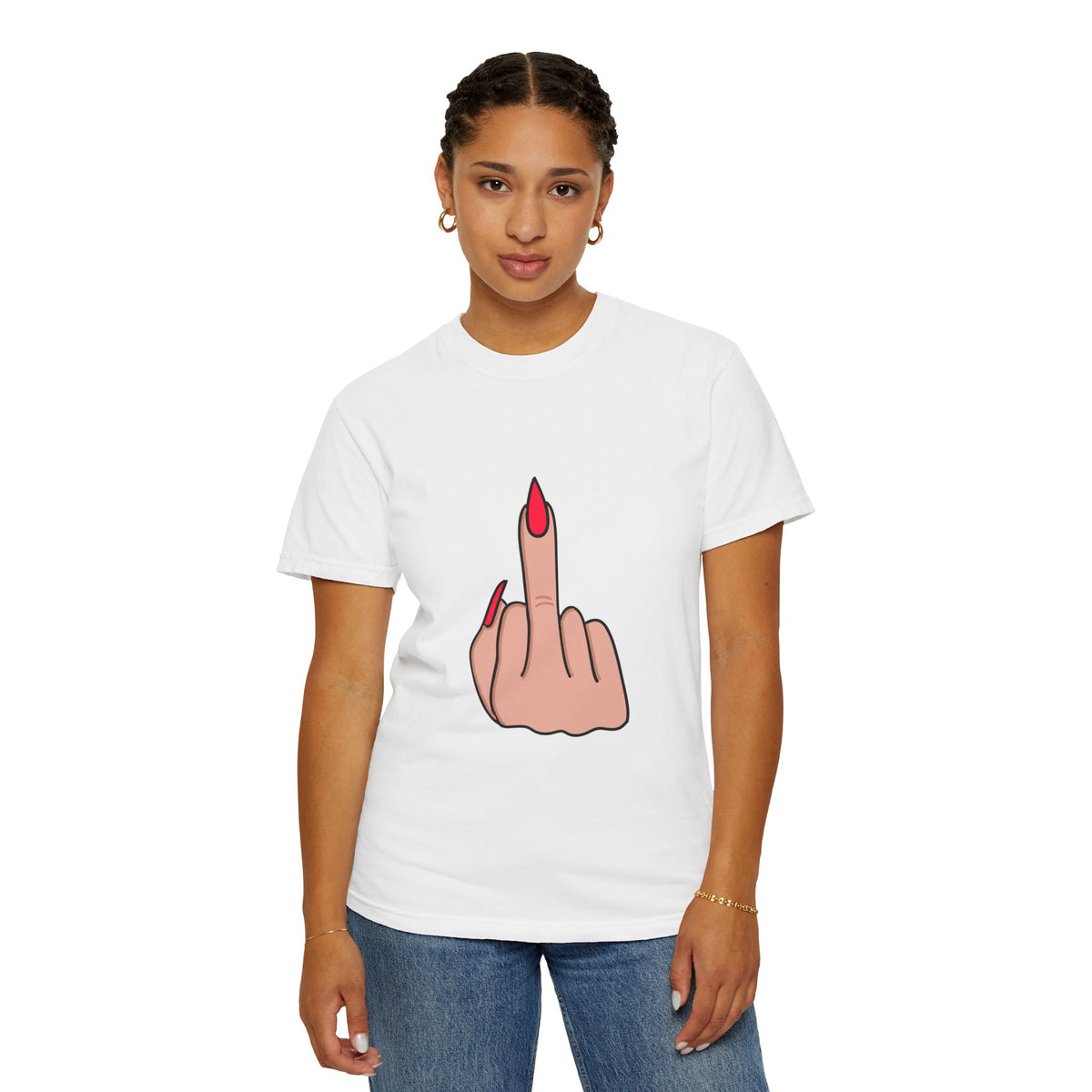 Graphic T-Shirt — Bold Red-Nail Middle Finger Illustration