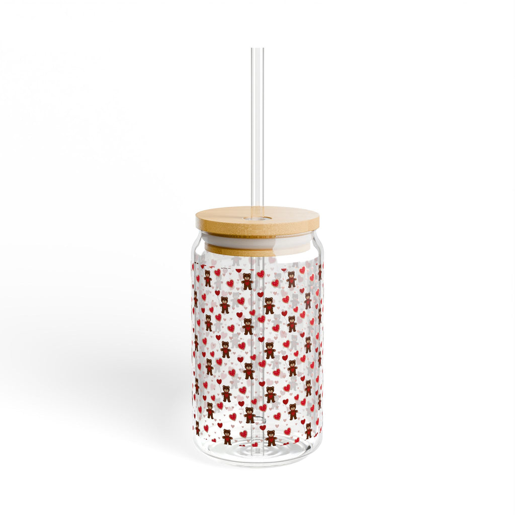 16oz Floral Heart Sipper Glass with Bamboo Lid – Cute Red Rose Pattern