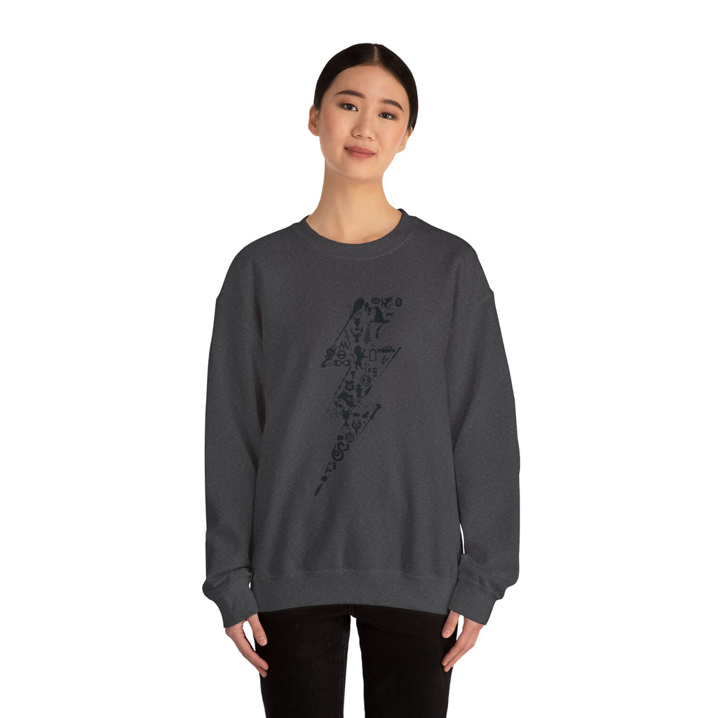 Lightning Bolt Symbol Crewneck Sweatshirt — Black Graphic Lightning Design