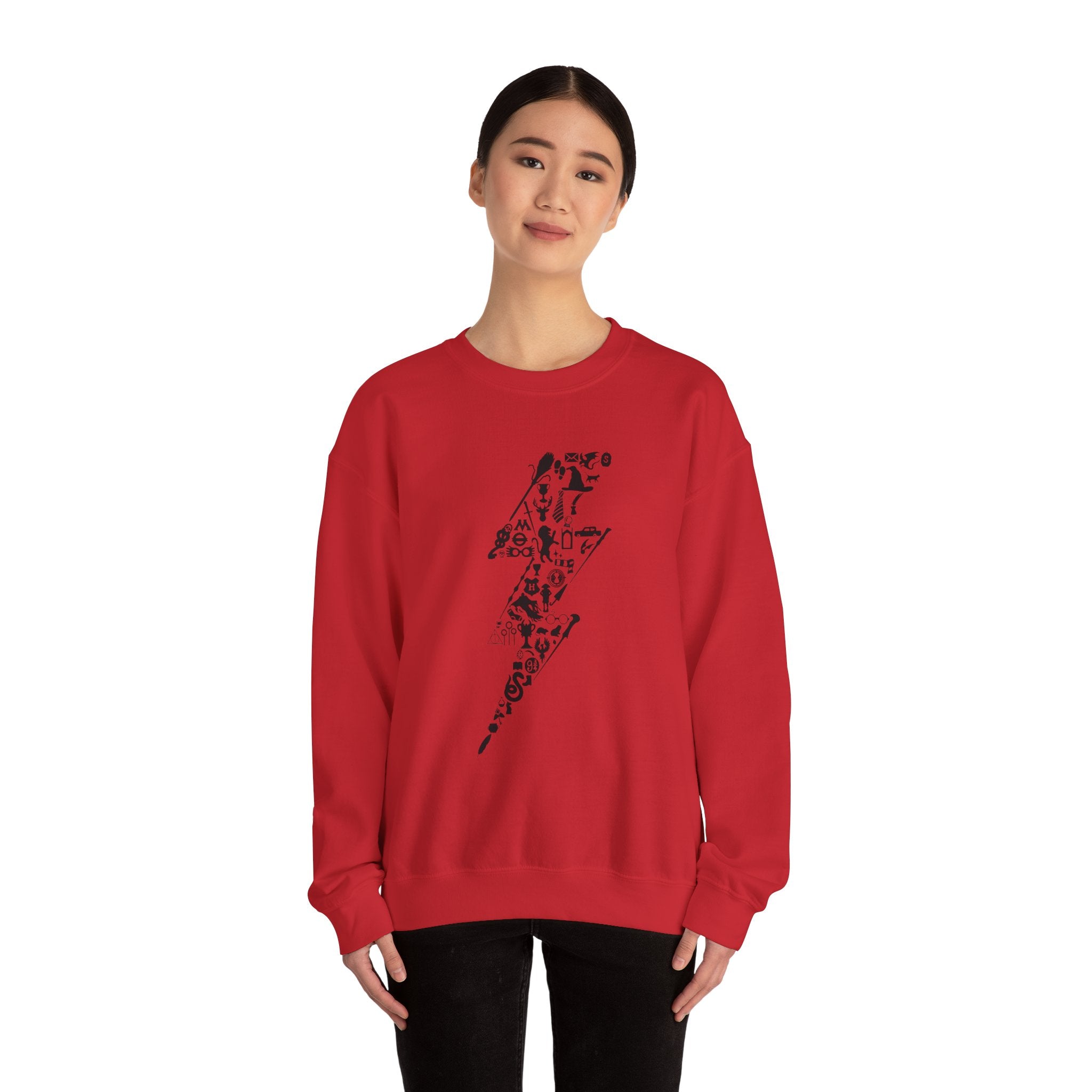 Lightning Bolt Symbol Crewneck Sweatshirt — Black Graphic Lightning Design