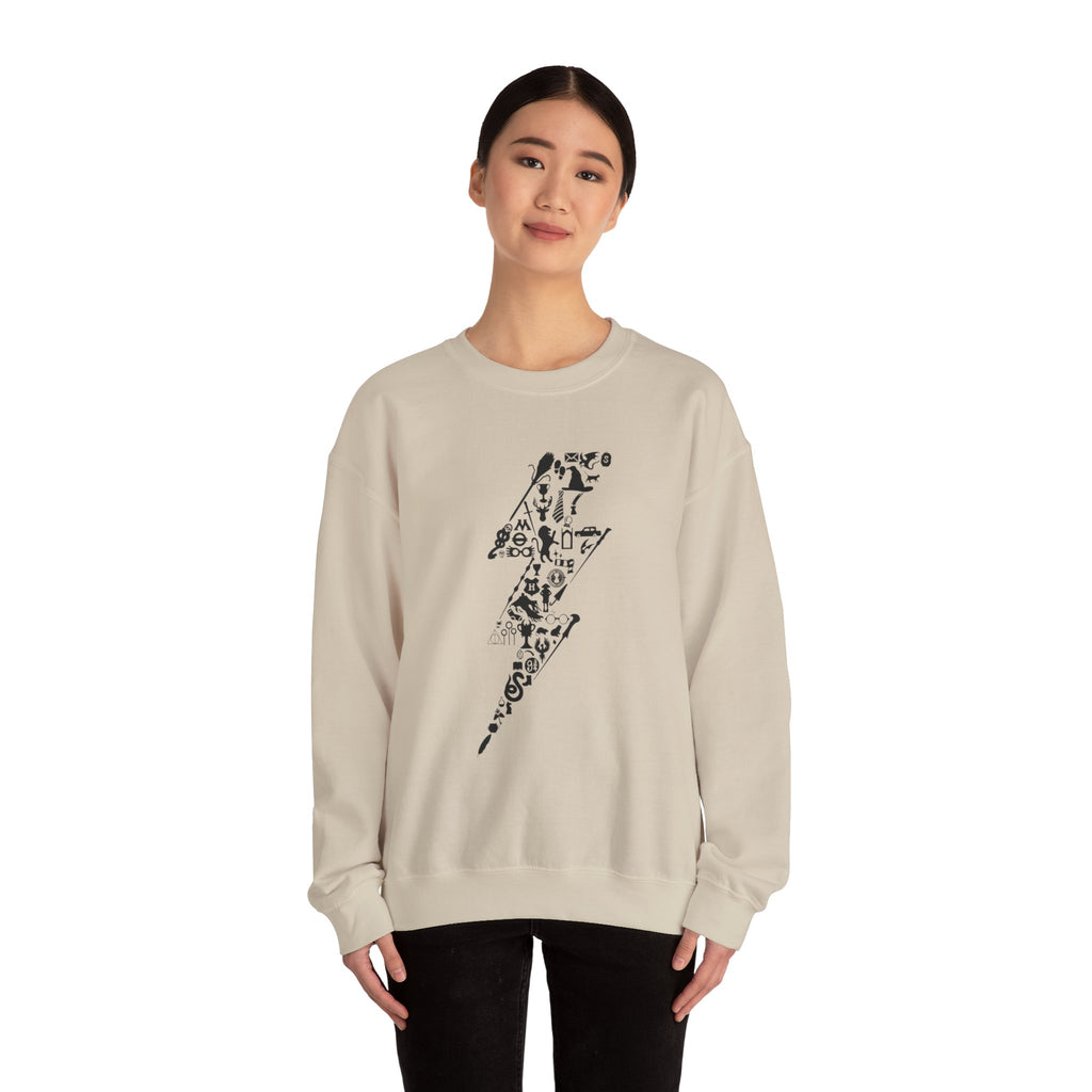 Lightning Bolt Symbol Crewneck Sweatshirt — Black Graphic Lightning Design