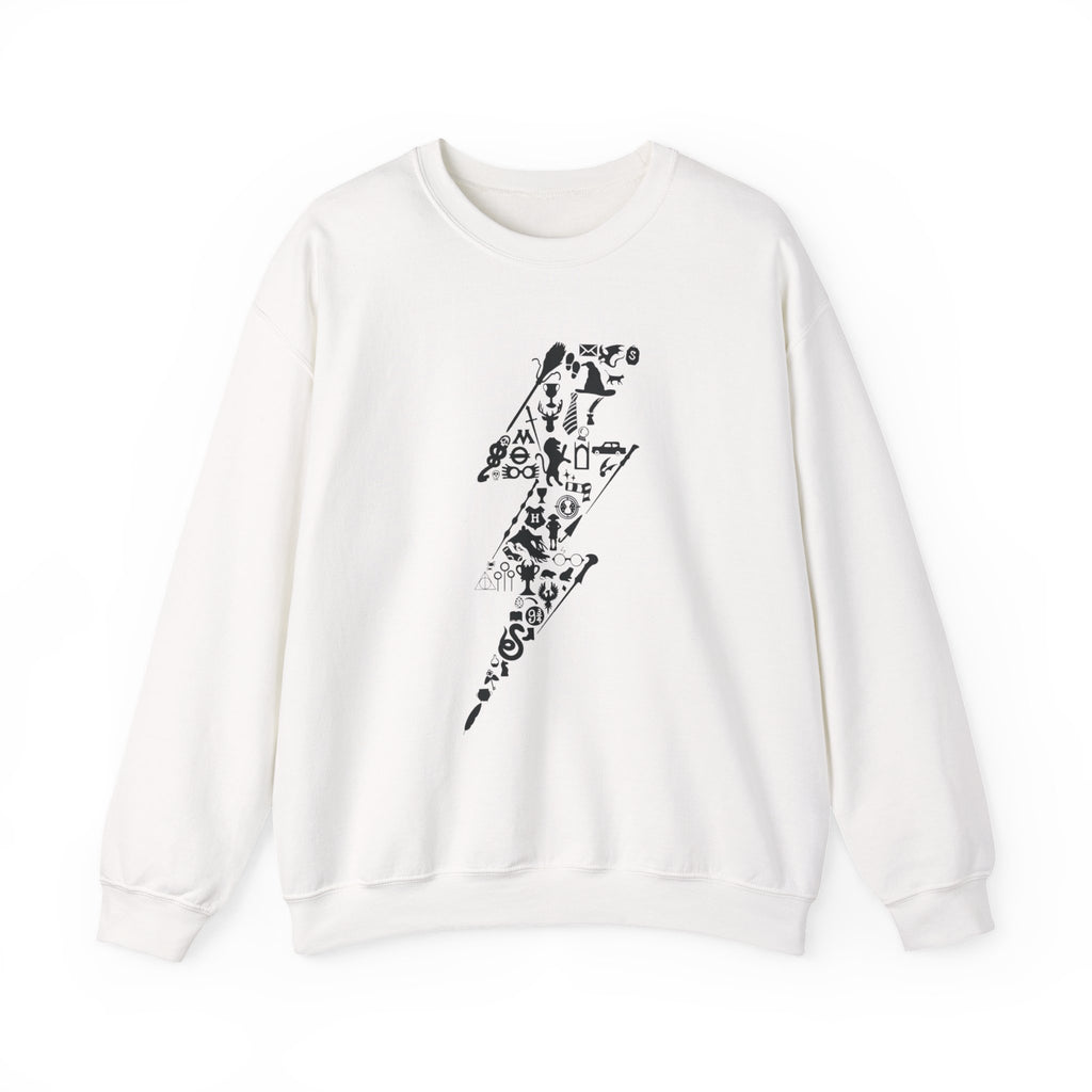 Lightning Bolt Symbol Crewneck Sweatshirt — Black Graphic Lightning Design