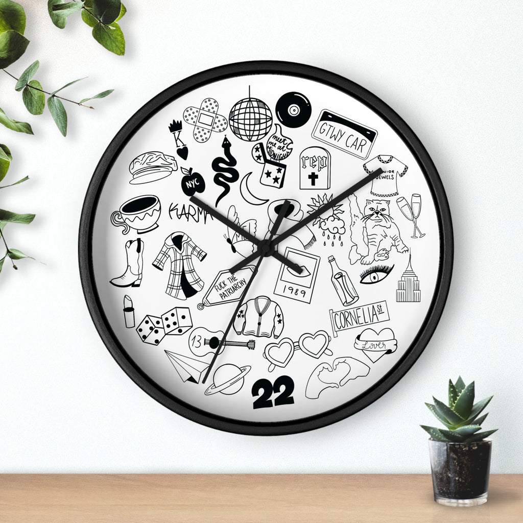 Swiftie Black & White Wall Clock with Fun Illustrations - Perfect Home Décor