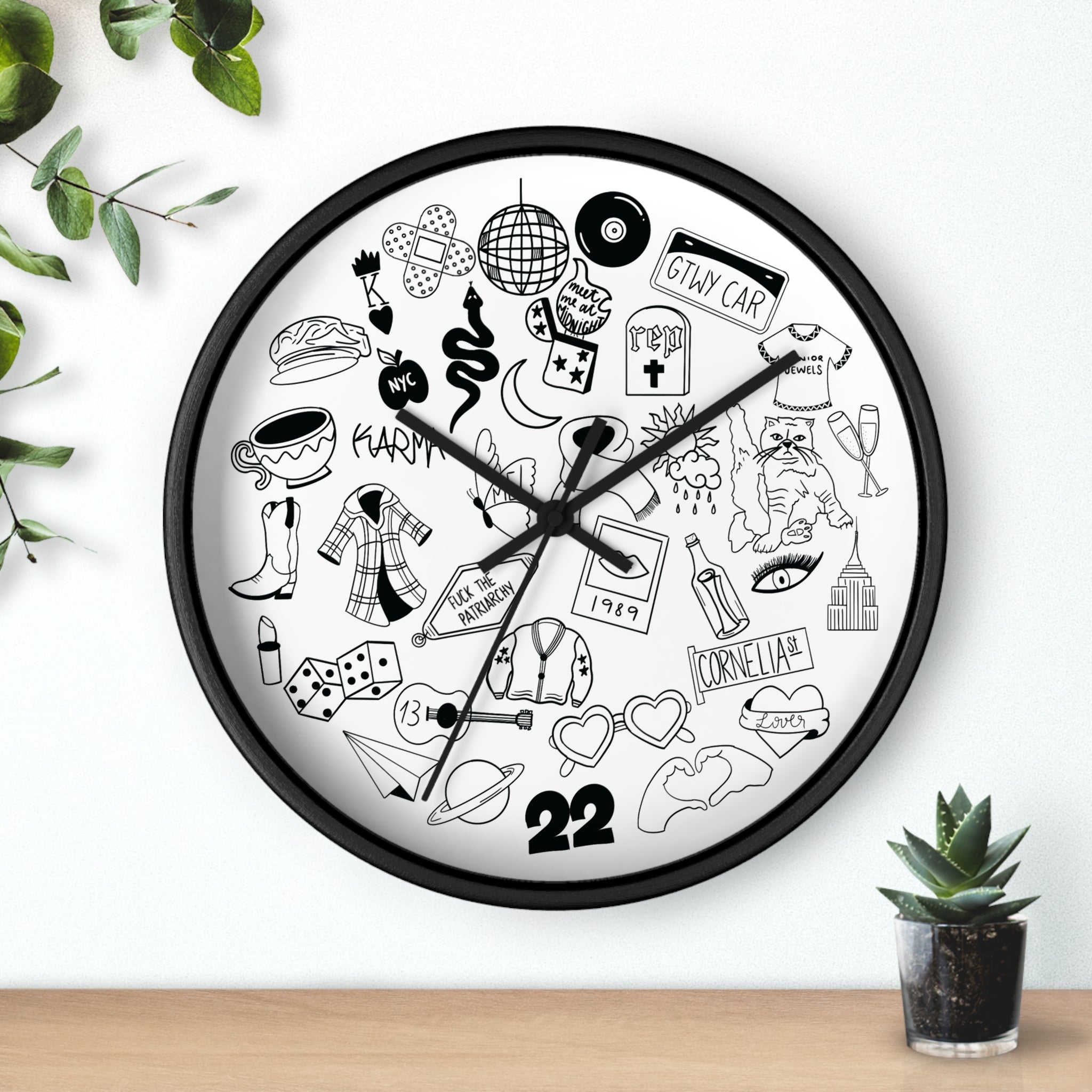Swiftie Black & White Wall Clock with Fun Illustrations - Perfect Home Décor