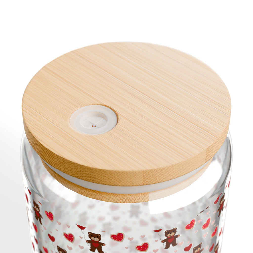 16oz Floral Heart Sipper Glass with Bamboo Lid – Cute Red Rose Pattern